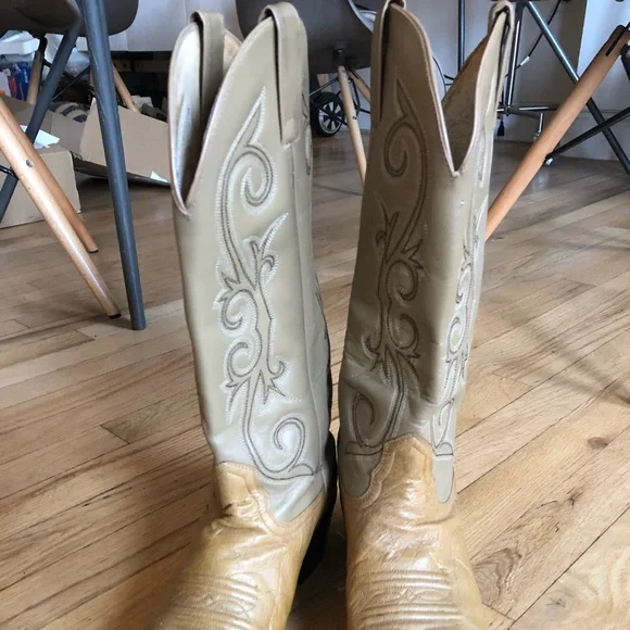 Cowboy boots 9.5/10 women 8D mens tan beige ostrich vintage - Picture 7 of 8